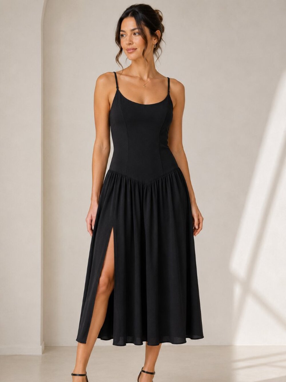 Abercrombie & Fitch Black Midi Dress NWOT Adjustable Straps Side Slit  XXSP